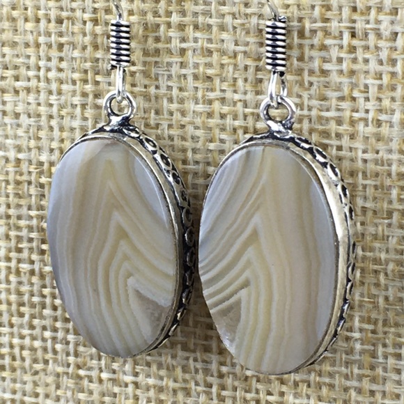 New Striped Agate Stone Silver Hook Dangle Earrings - Picture 4 of 7